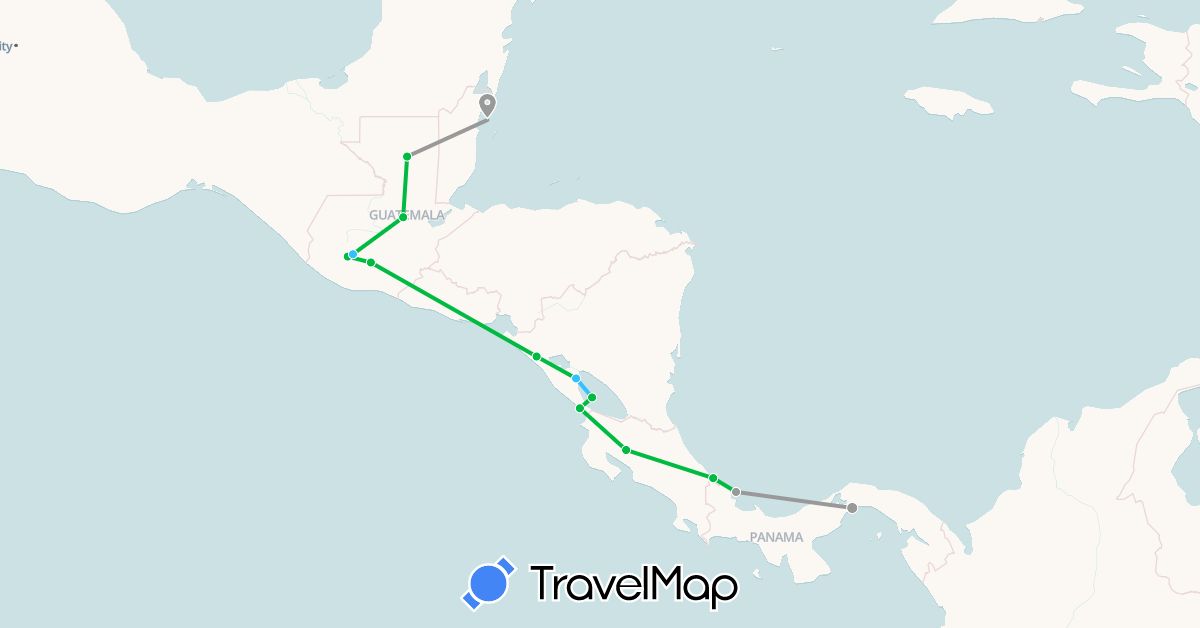 TravelMap itinerary: driving, bus, plane, boat in Belize, Costa Rica, Guatemala, Nicaragua, Panama (North America)